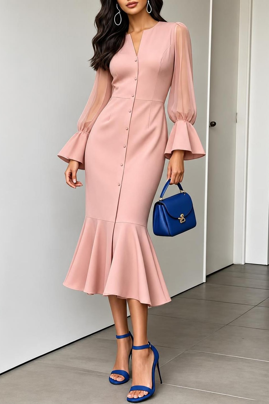 Synthetic Fiber Dress With Bubble Sleeves - 3