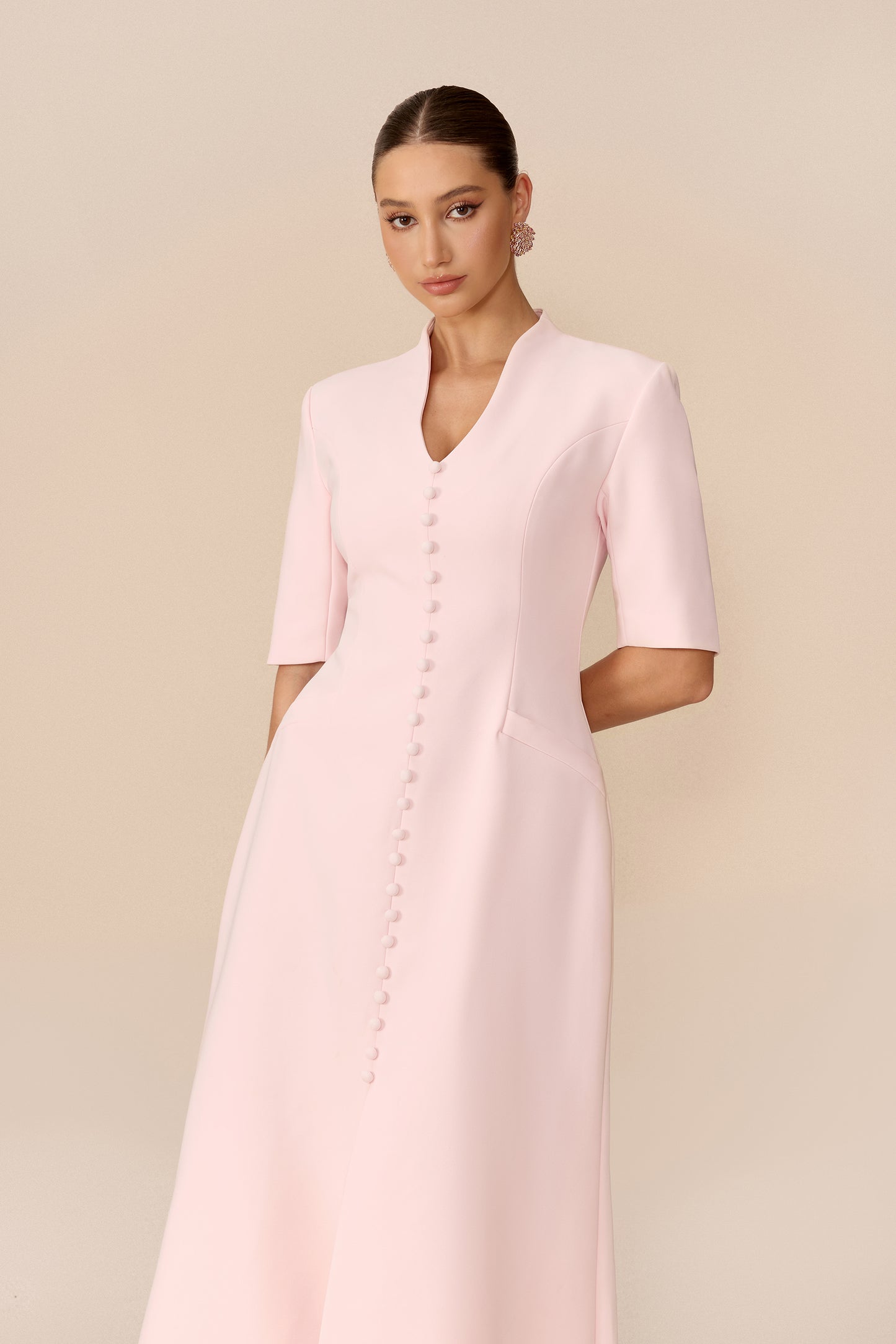 Pink stand collar maxi dress with front slit - view 3