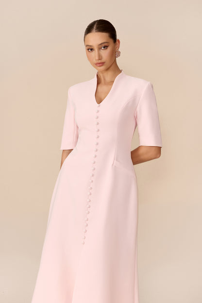 Pink stand collar maxi dress with front slit - view 3