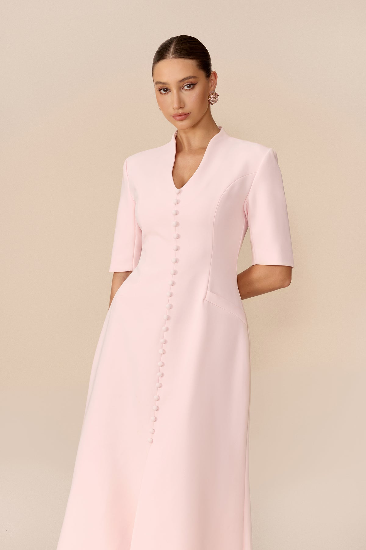 Terylene Stand Collar Maxi Dress With Front Slit - 3