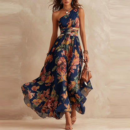 One-Shoulder Watercolor Floral Maxi Dress - view 5