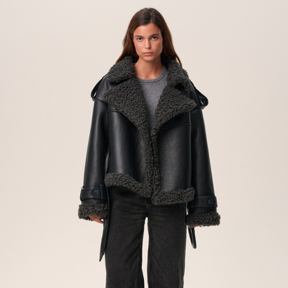 Shearling coat with adjustable waist belt - view 3