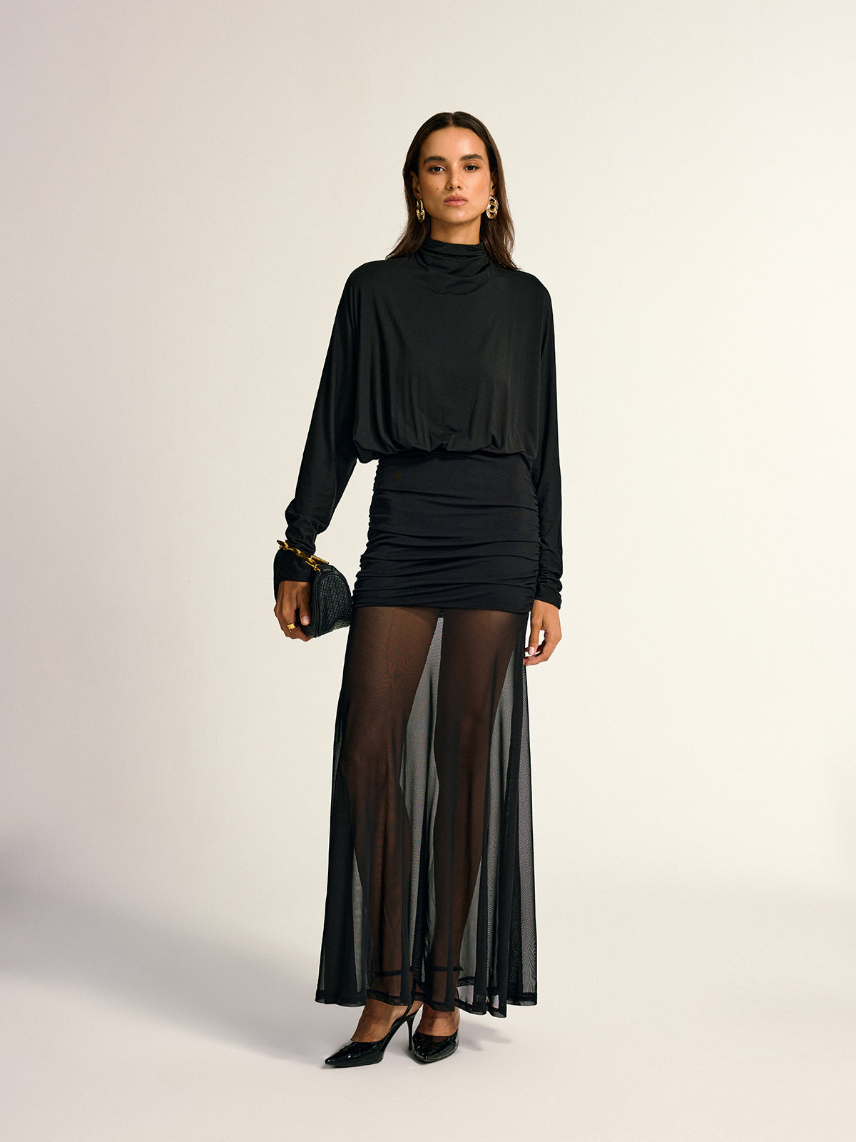 Modal Blend Ruched Mesh Maxi Dress - 10