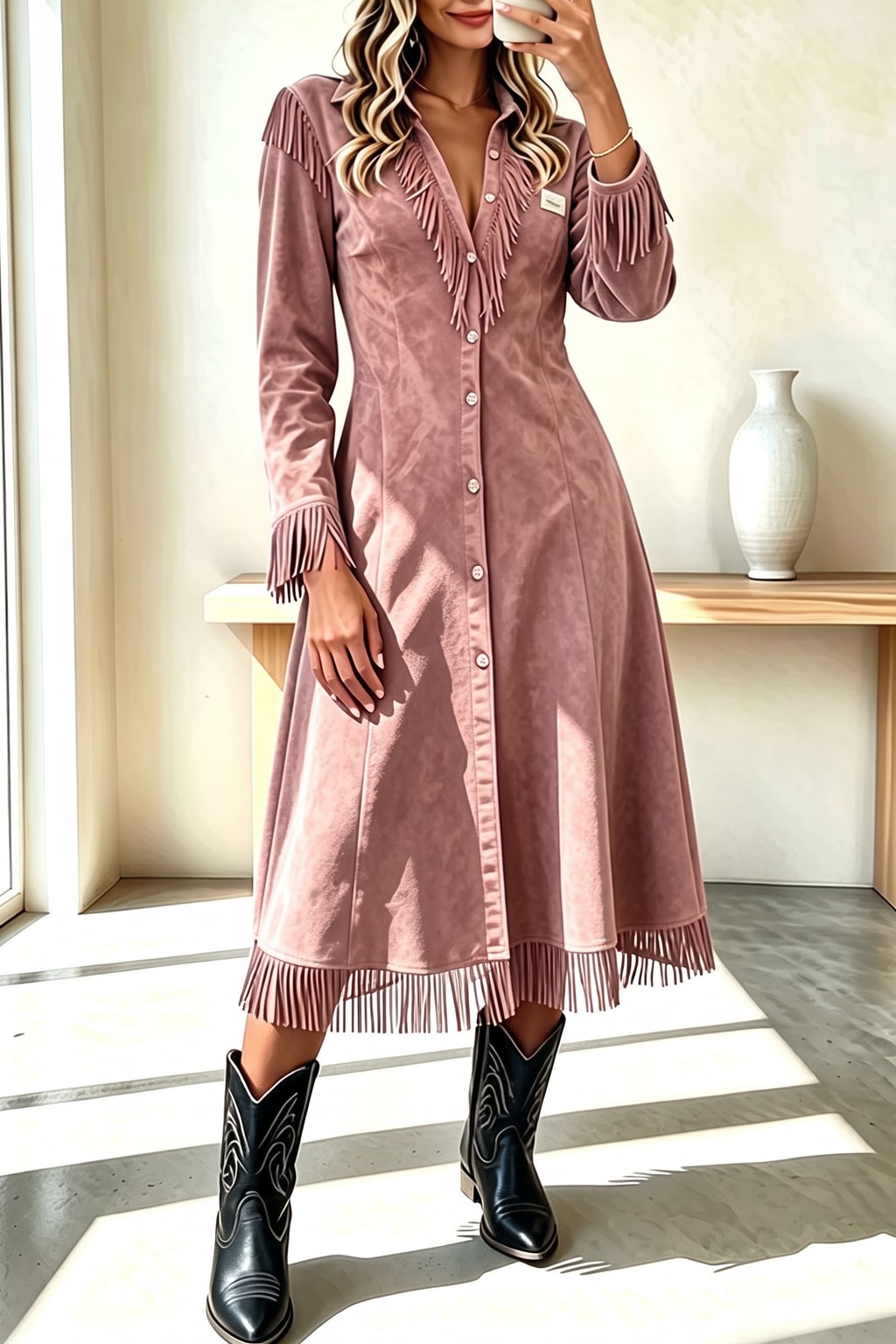 Suede Midi Dress With Fringe Tassel Trim - 4