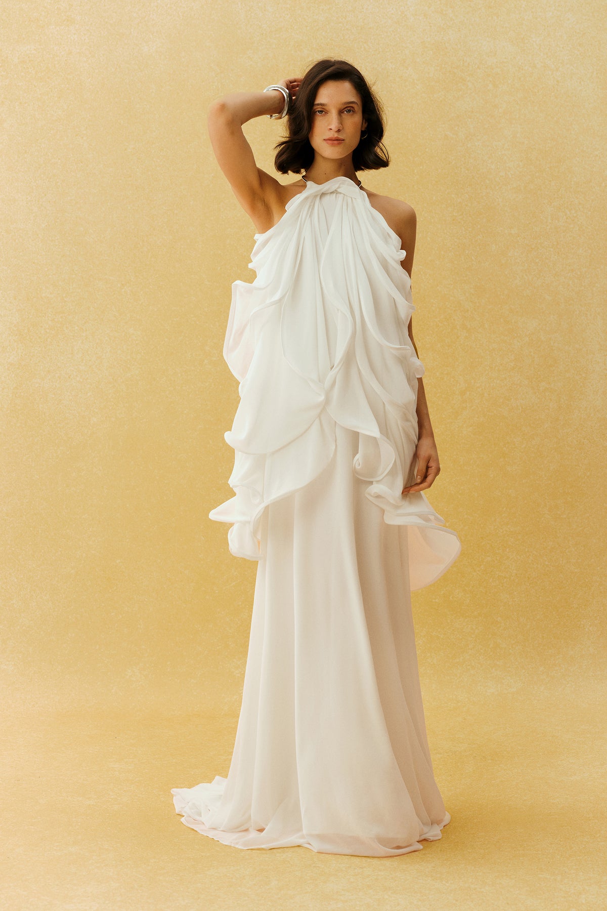 White Halter Ruffle Maxi Dress Flowy Chiffon Bridal Gown - 2