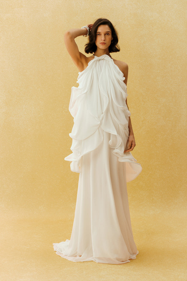 White Halter Ruffle Maxi Dress Flowy Chiffon Bridal Gown - 2