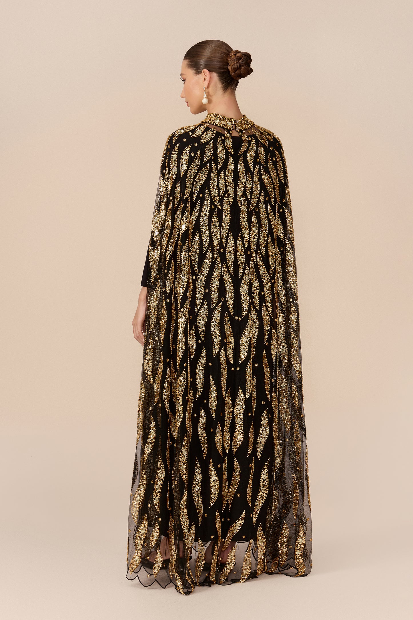 Black sequin embroidery cape-sleeve maxi dress - view 5