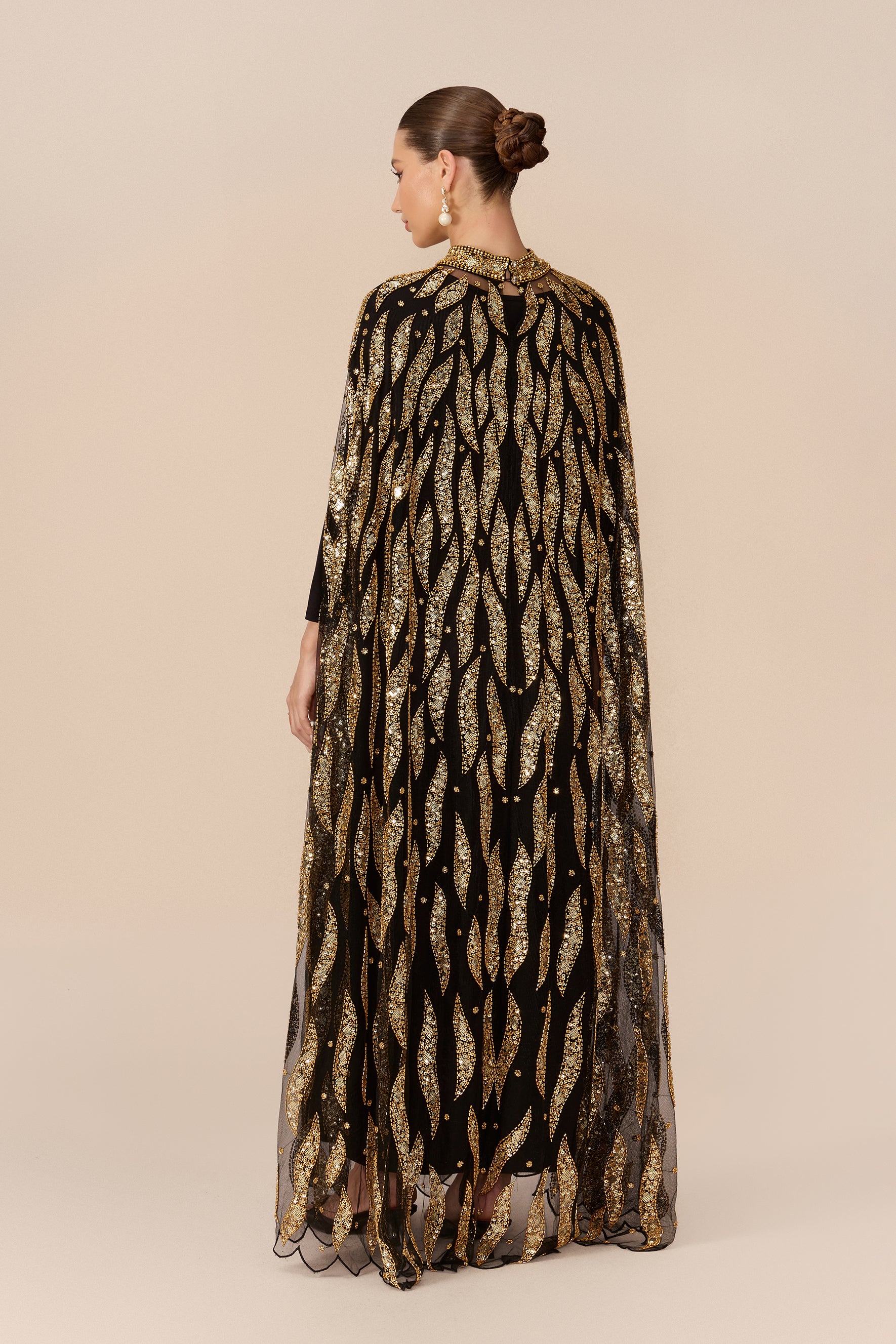 Black sequin embroidery cape-sleeve maxi dress - view 5