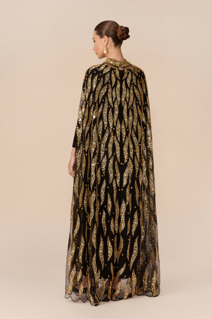 Black sequin embroidery cape-sleeve maxi dress - view 5