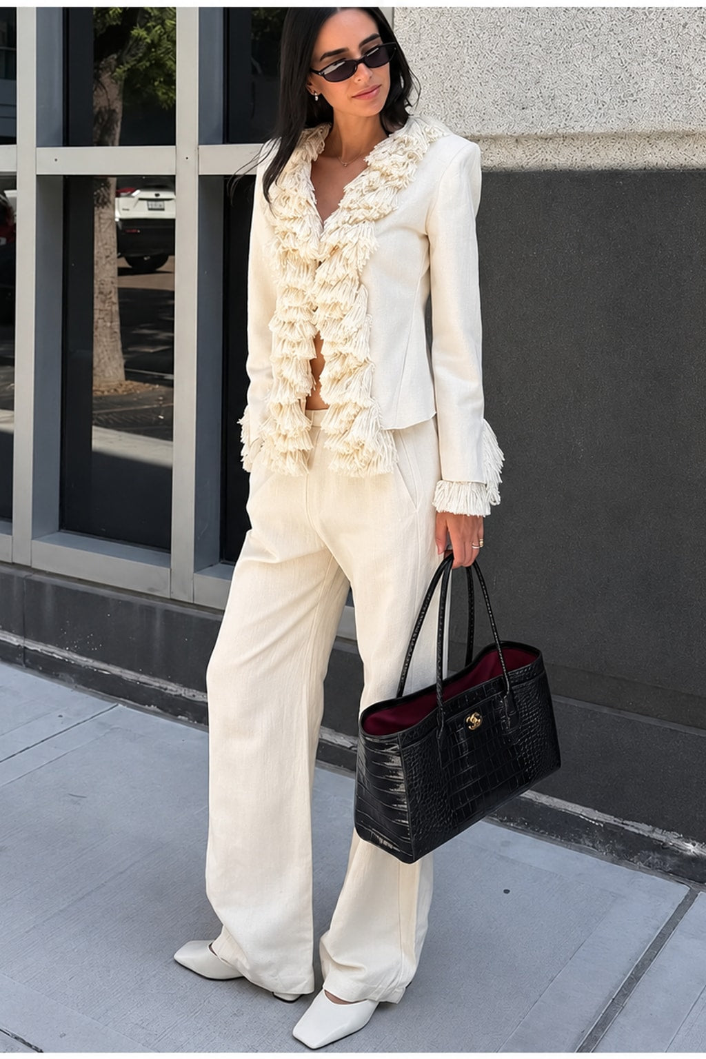 Polyester Blazer Jacket With Puff Sleeves And Tassel Detail - 6