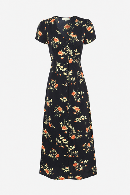 Black Retro Floral V-Neck Maxi Dress