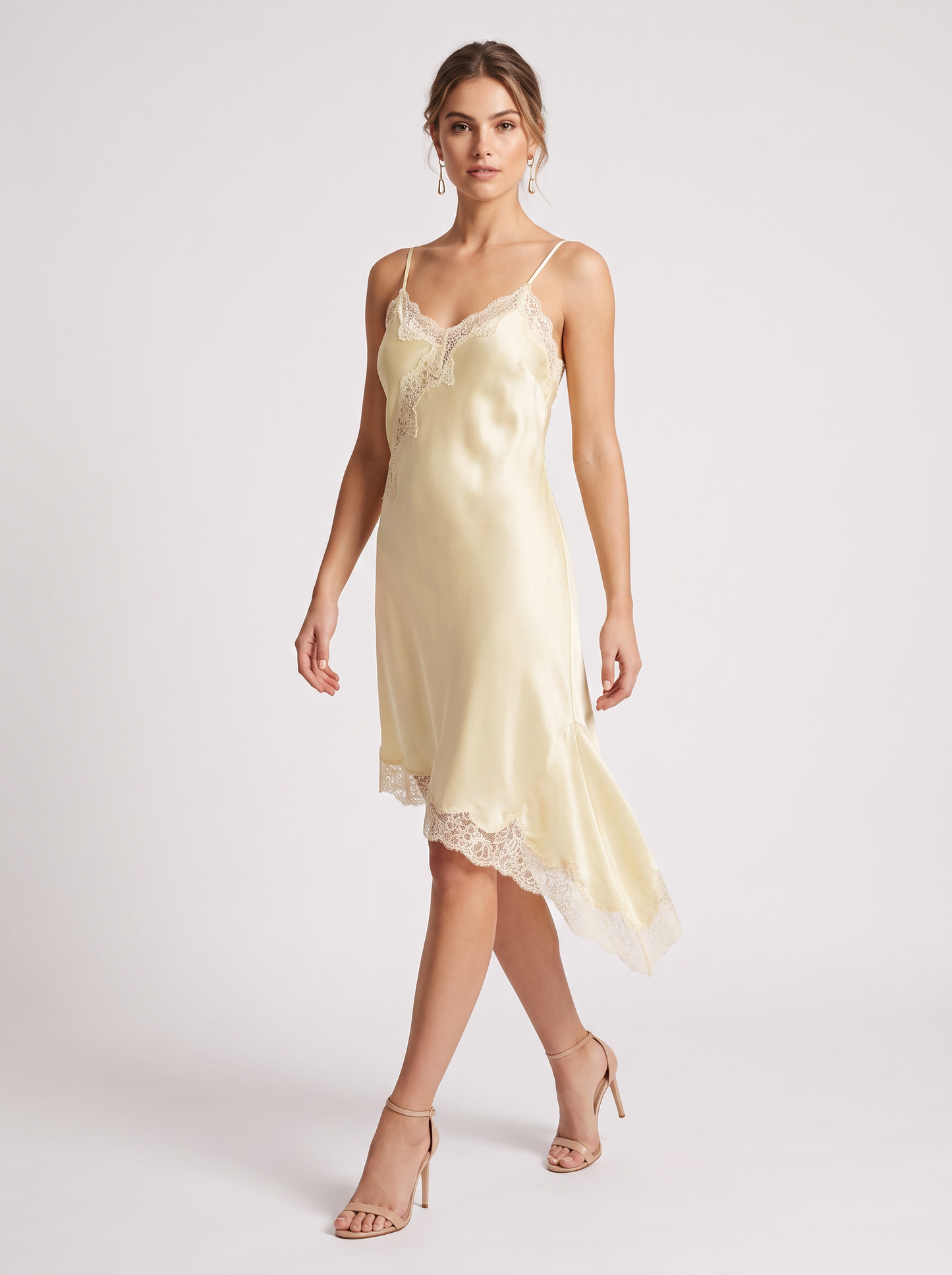 Satin slip mini dress with asymmetrical lace hem - view 5