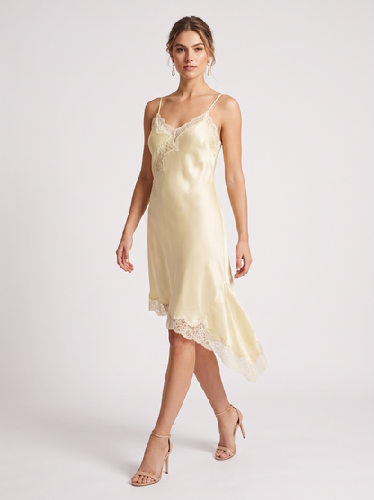 Satin slip mini dress with asymmetrical lace hem - view 5