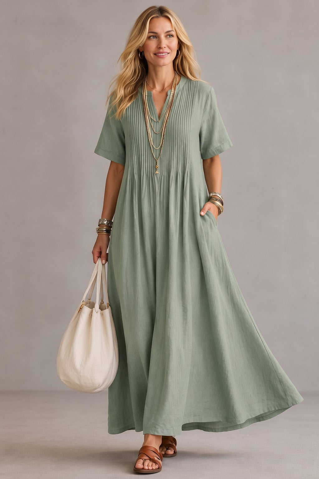 Pleated Maxi Dress With Flowy Fit - 4
