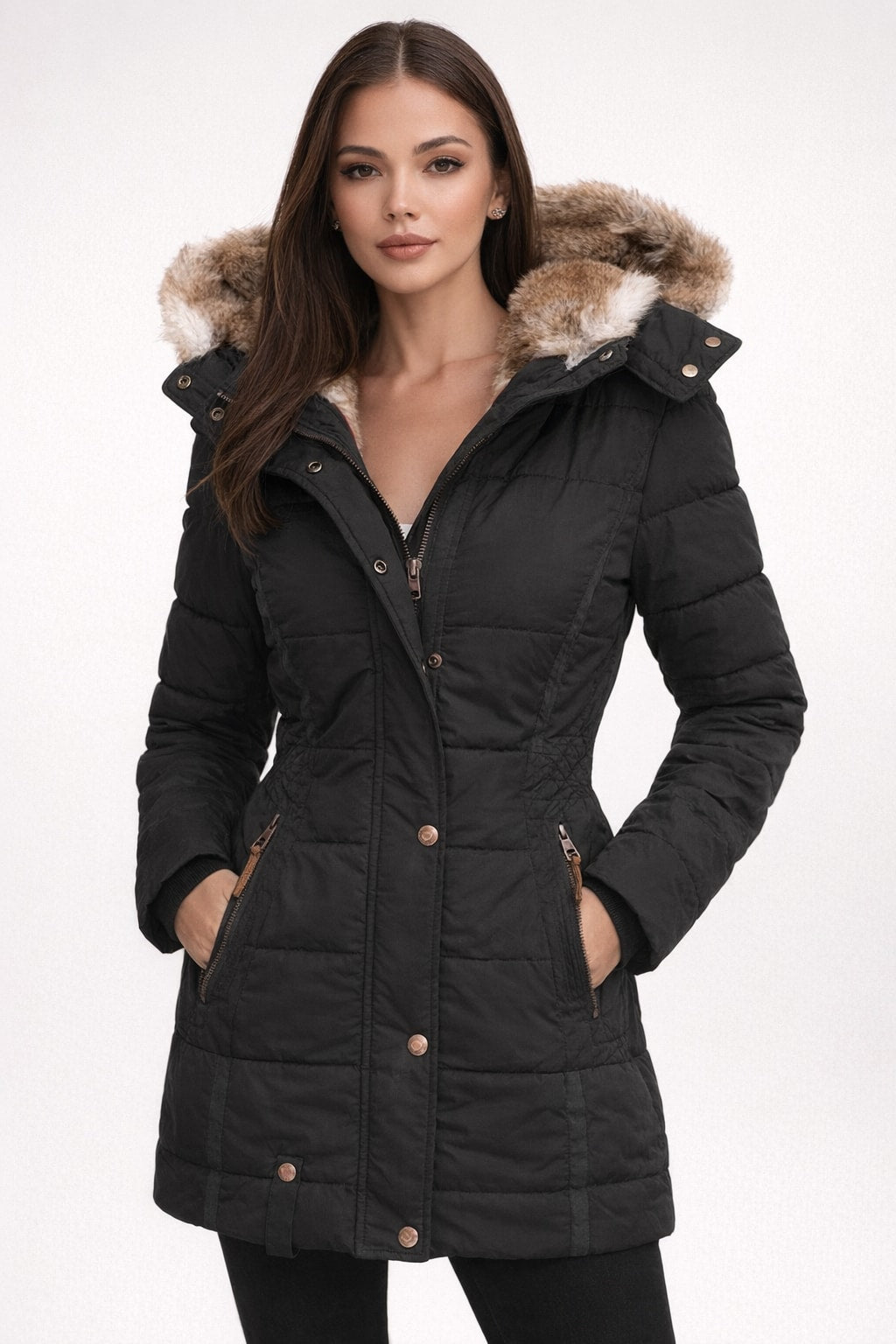 Quilted Women's Parka Coat With Faux Fur Hood - 4