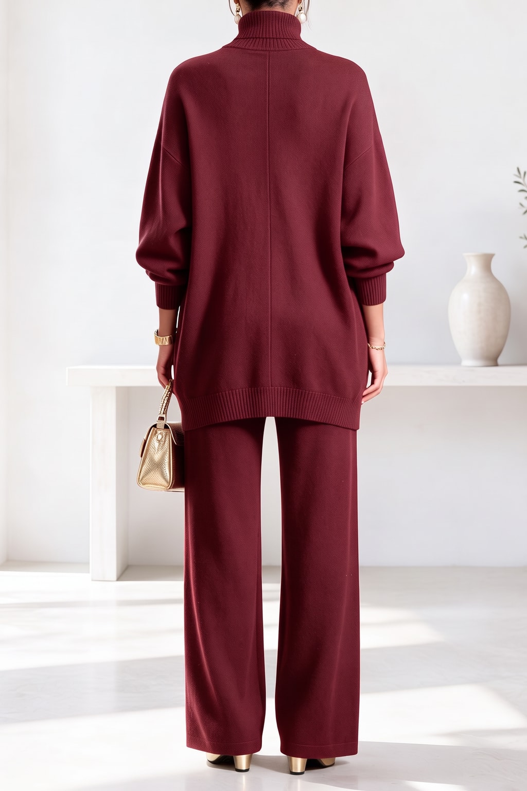 Knit Two-Piece Set With High Neck And Wide Leg Pants - 4