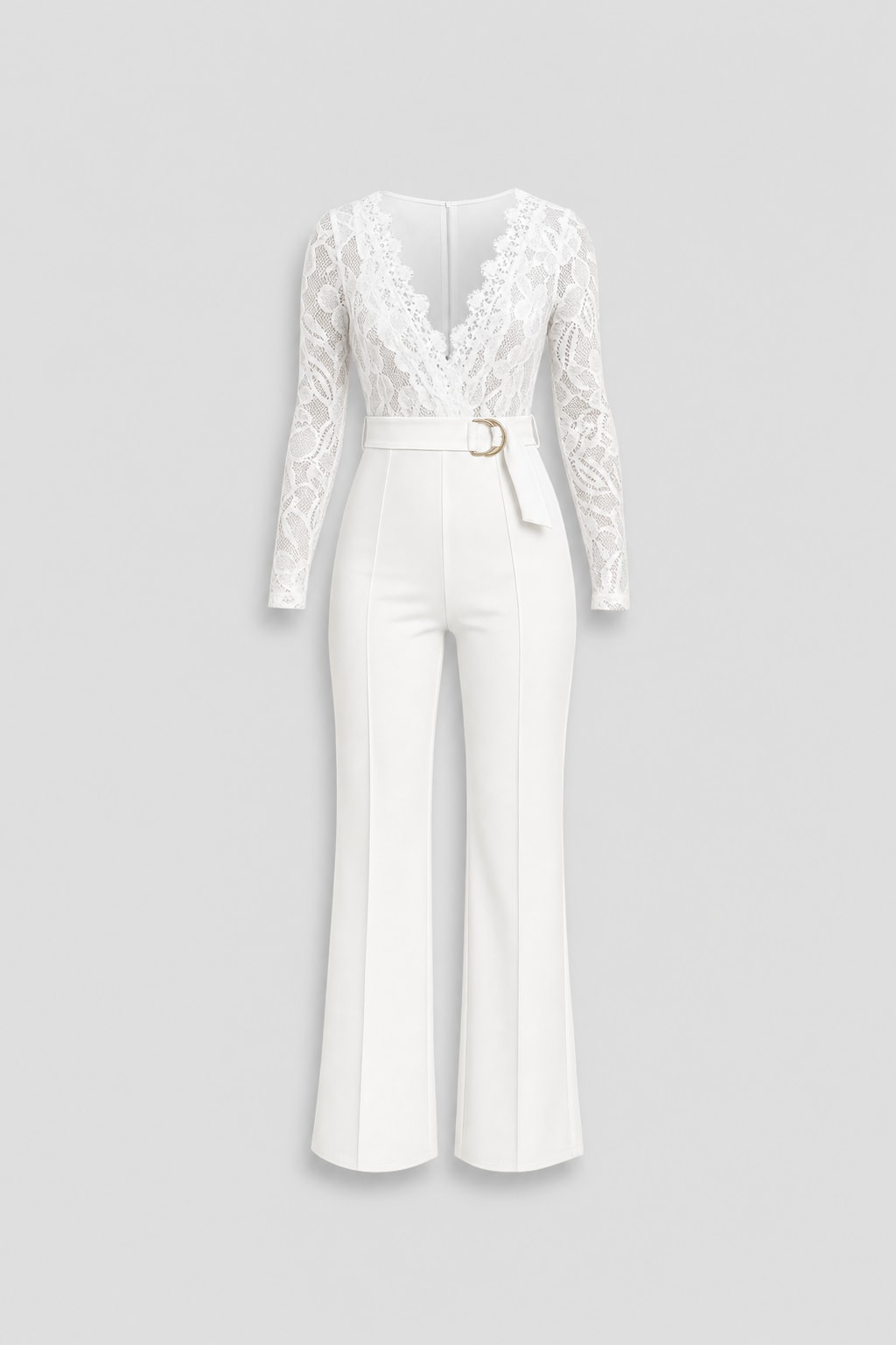 Lace-Trim Deep V-Neck Wide-Leg Jumpsuit with Belt - 1