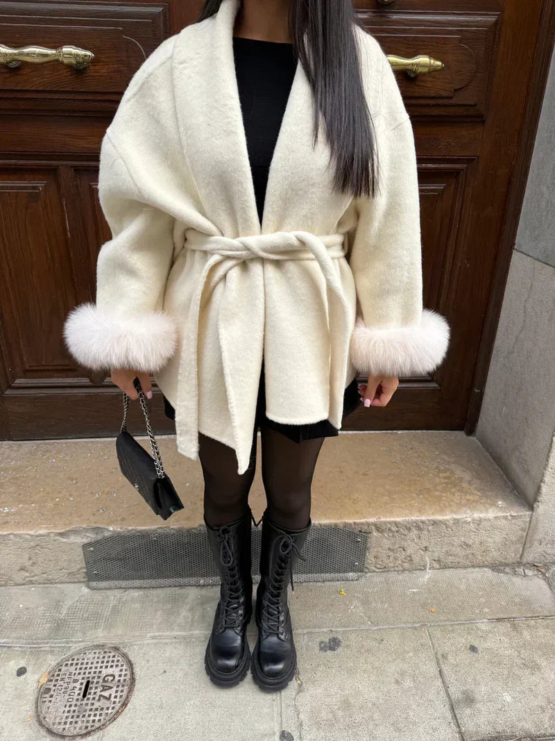 Faux Fur Collar Jacket with Cinched Waist - view 14