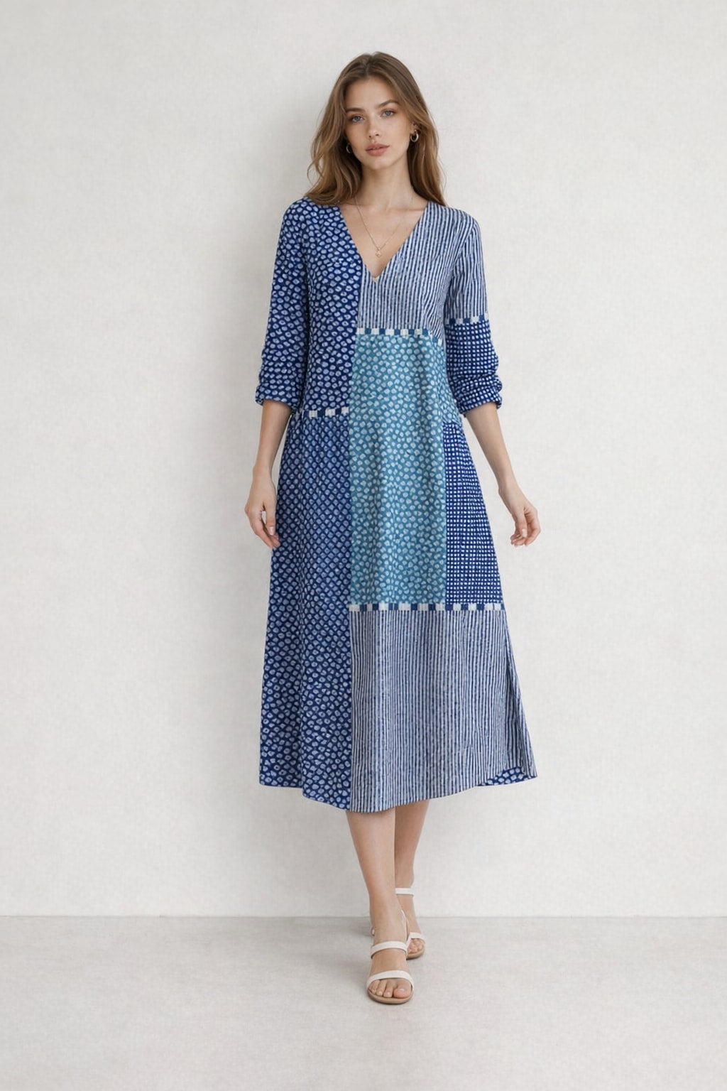 Cotton Midi Dress with Relaxed Patchwork Style - 3