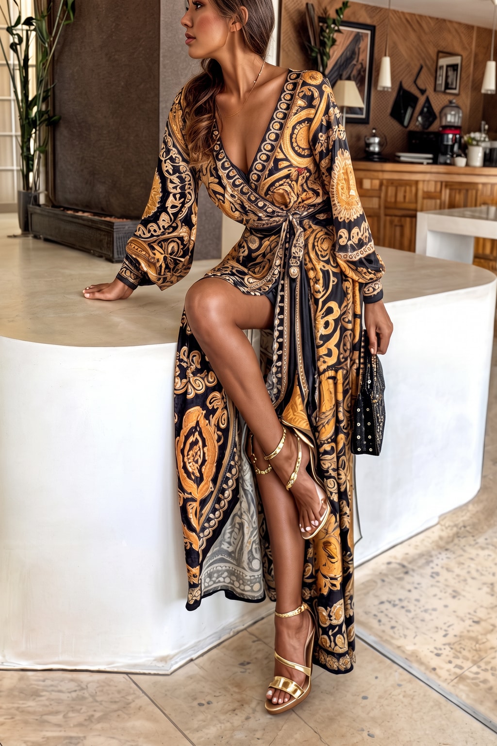 Yellow Printed Maxi Dress With High Slit - 3