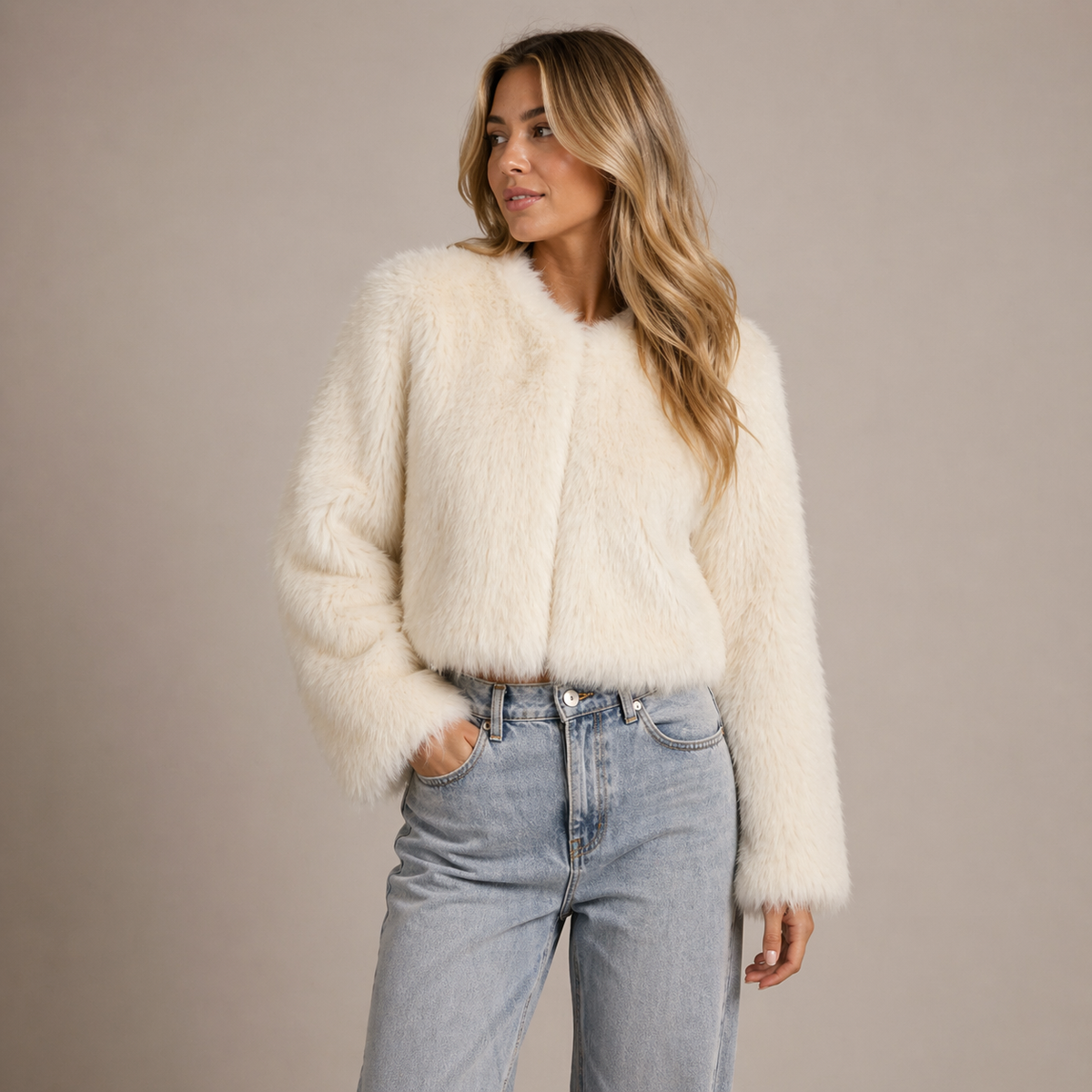 Cropped Faux Fur Jacket, Relaxed Fit - view 5