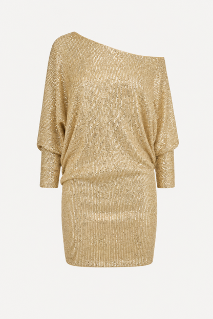 Sequin off-shoulder stretch mini dress