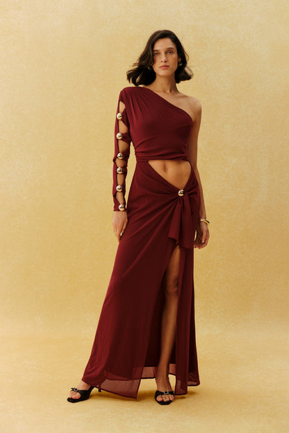 Burgundy One-Shoulder Cutout Maxi Dress - view 2