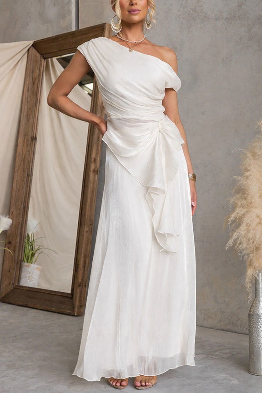 Polyester Set With One-Shoulder Ruched Top & Flare Skirt - 14