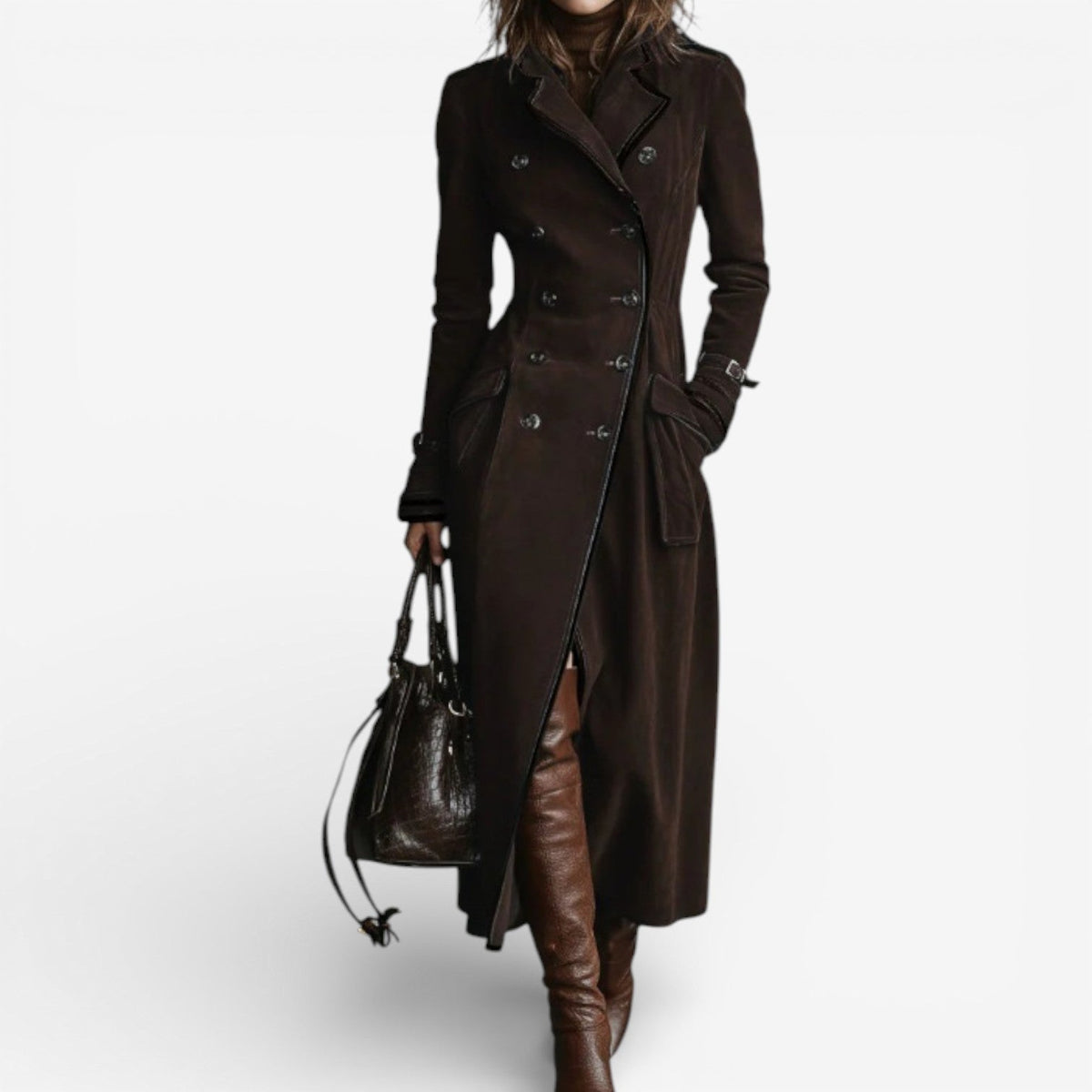 Faux Suede Double-Breasted Long Trench Coat - view 4