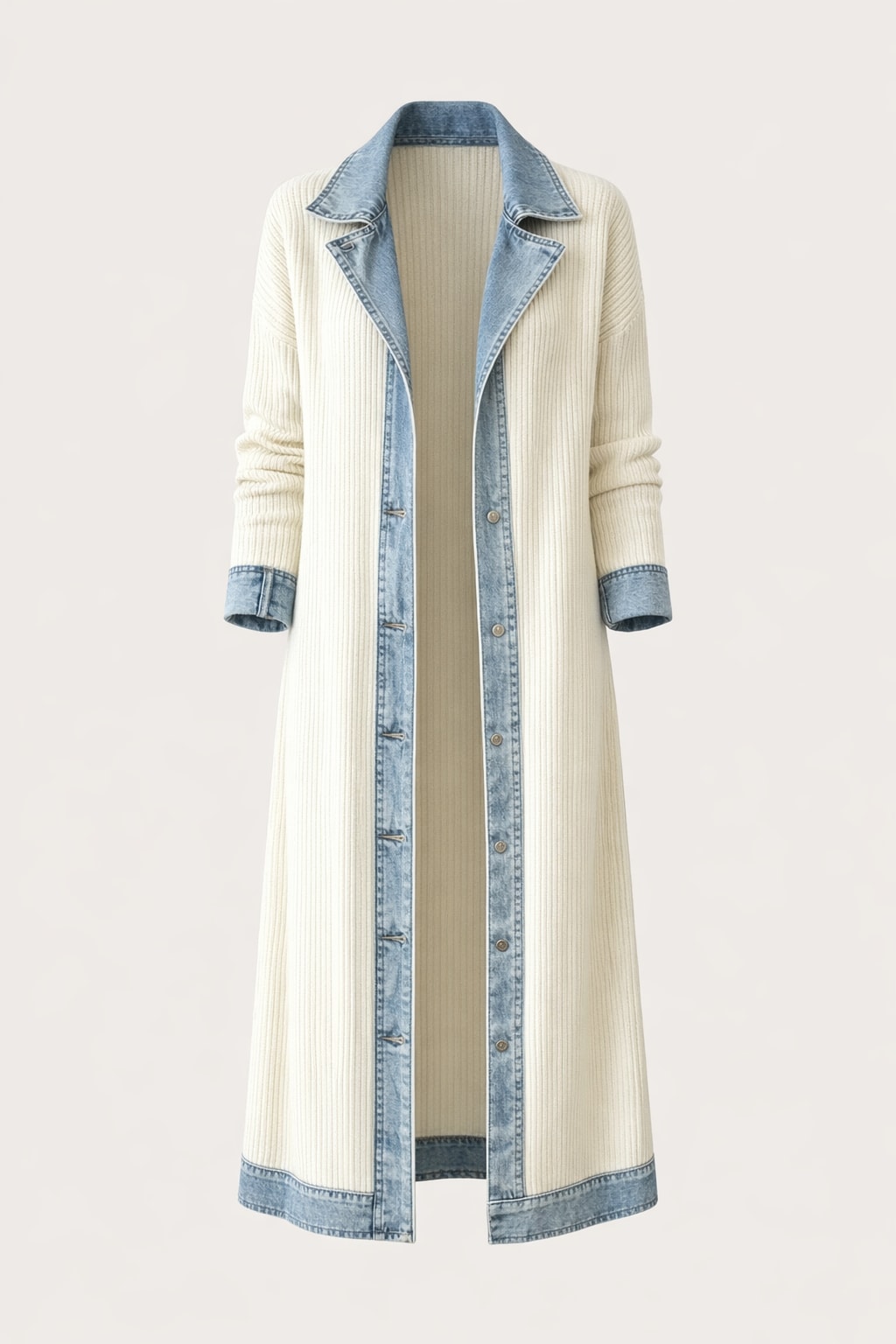 Cotton Long-Line Cardigan With Denim Trim - 1