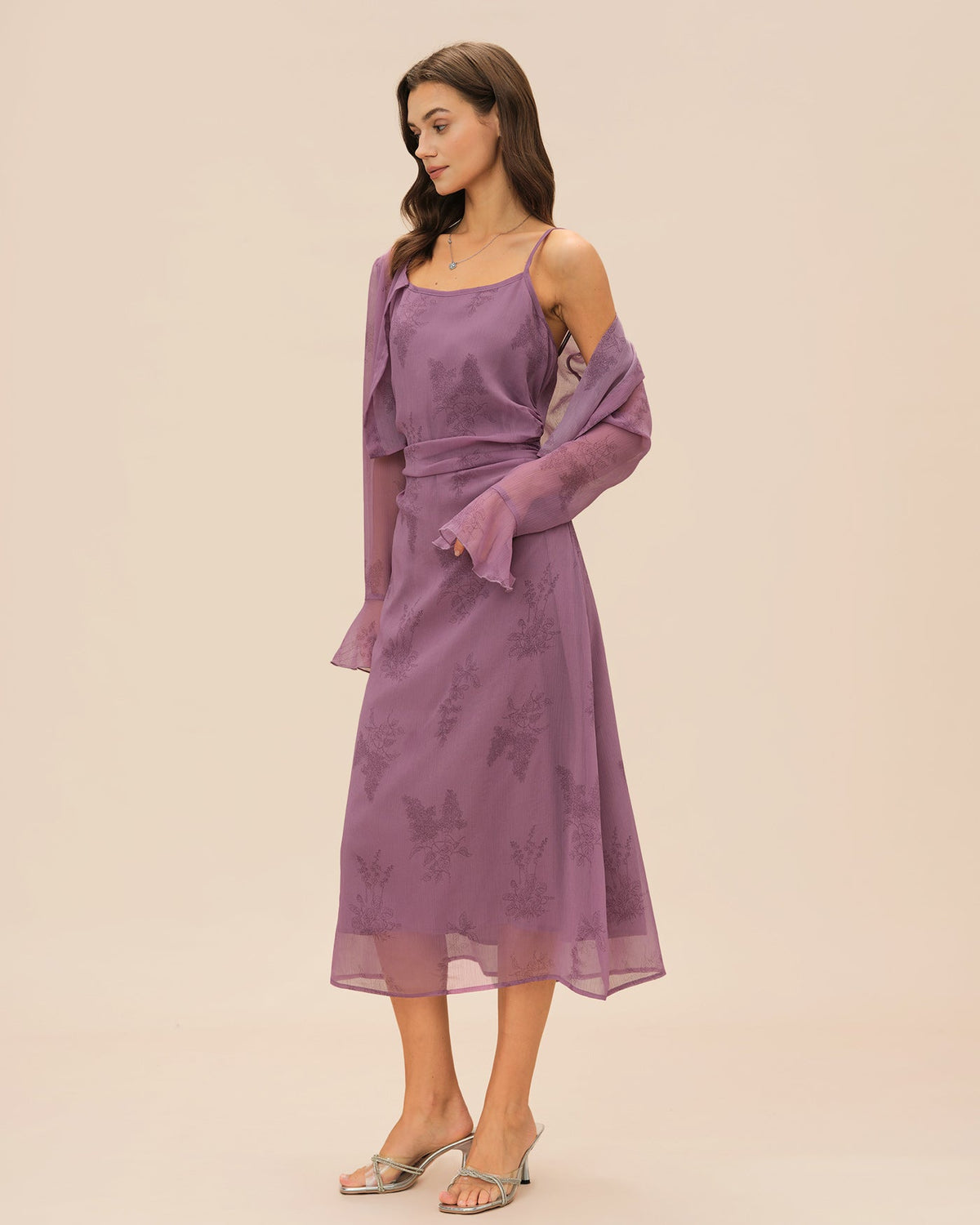 Purple Floral Ruched Slip Midi Dress - view 4