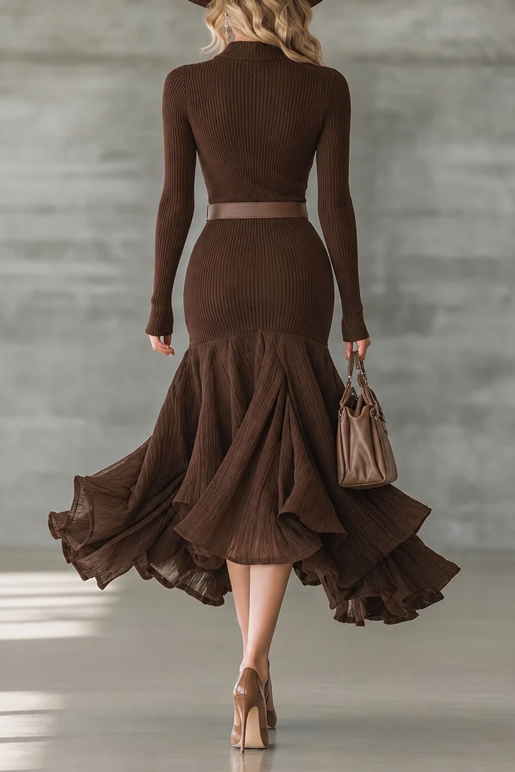 Synthetic Fiber Knitted Dress V-Neck Ruffle Hem - 3