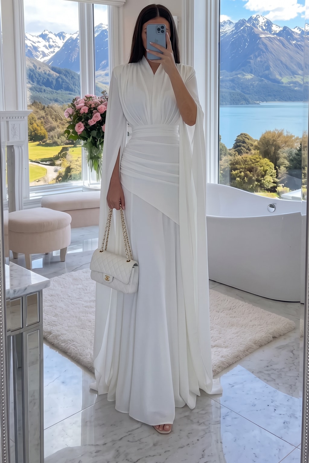 Polyester Cape Sleeve Pleated Maxi Dress - 2