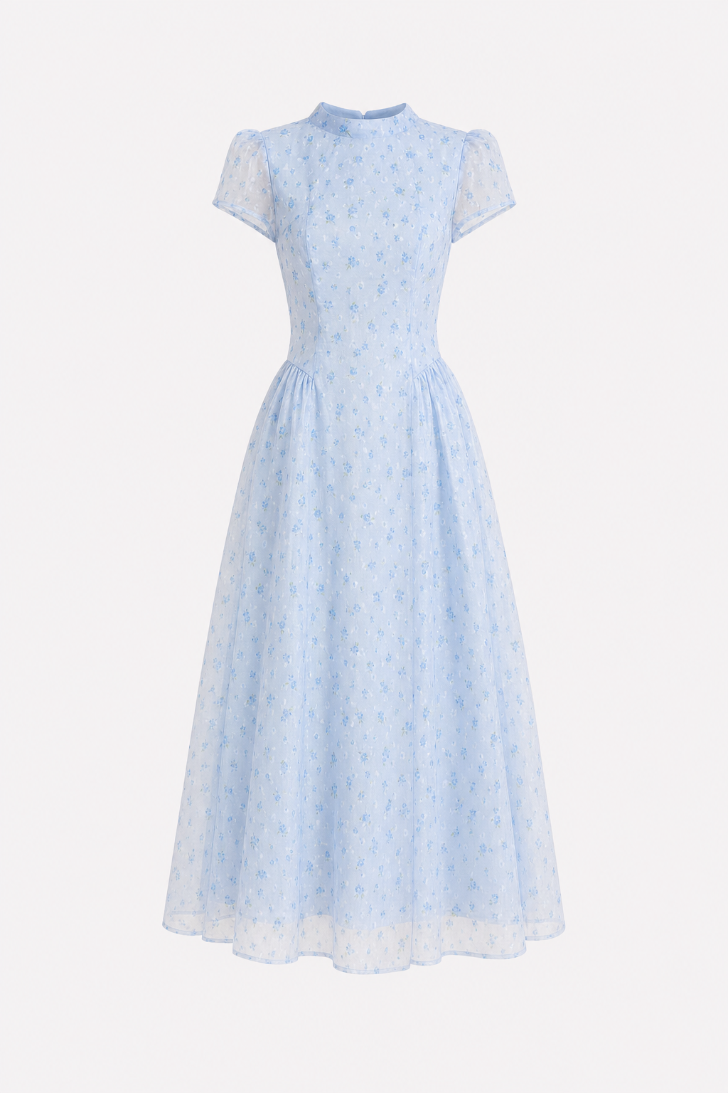 Blue Floral Jacquard Mock Neck Maxi Dress