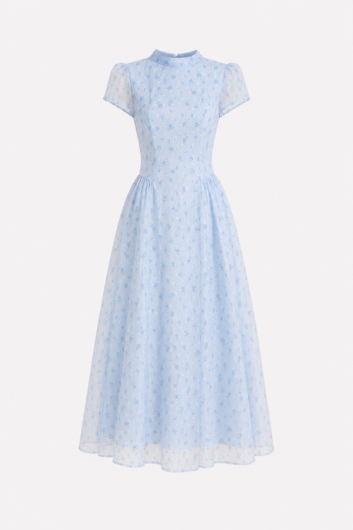 Blue Floral Jacquard Mock Neck Maxi Dress