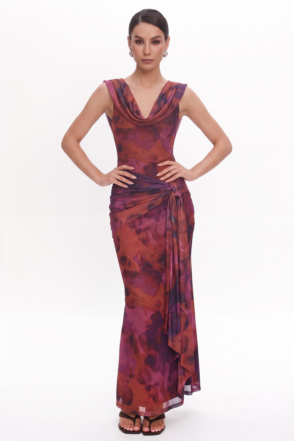 Polyester Blend Maxi Dress With Draped Shoulders - 4