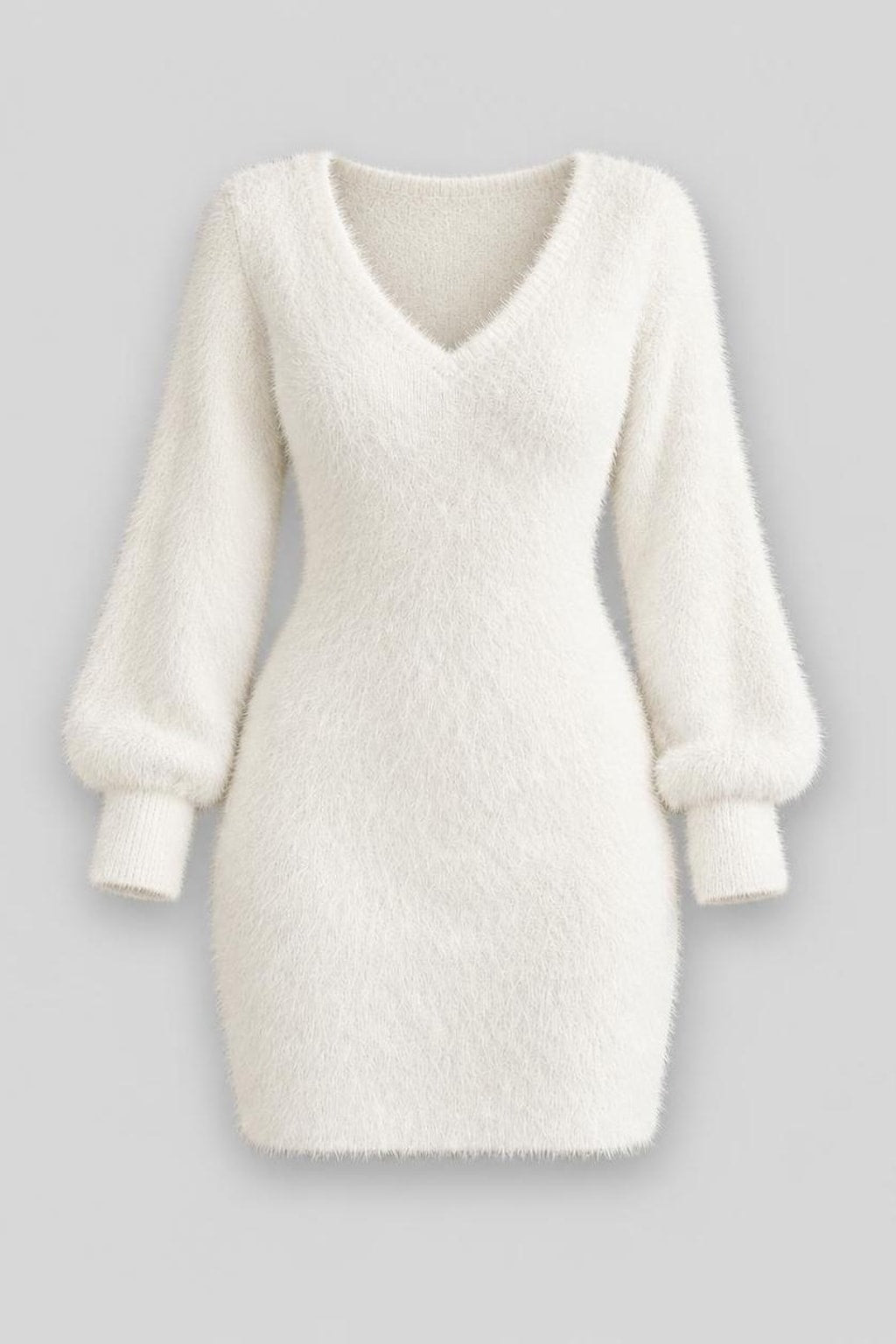 Fuzzy Knit Balloon-Sleeve V-Neck Mini Dress - 1