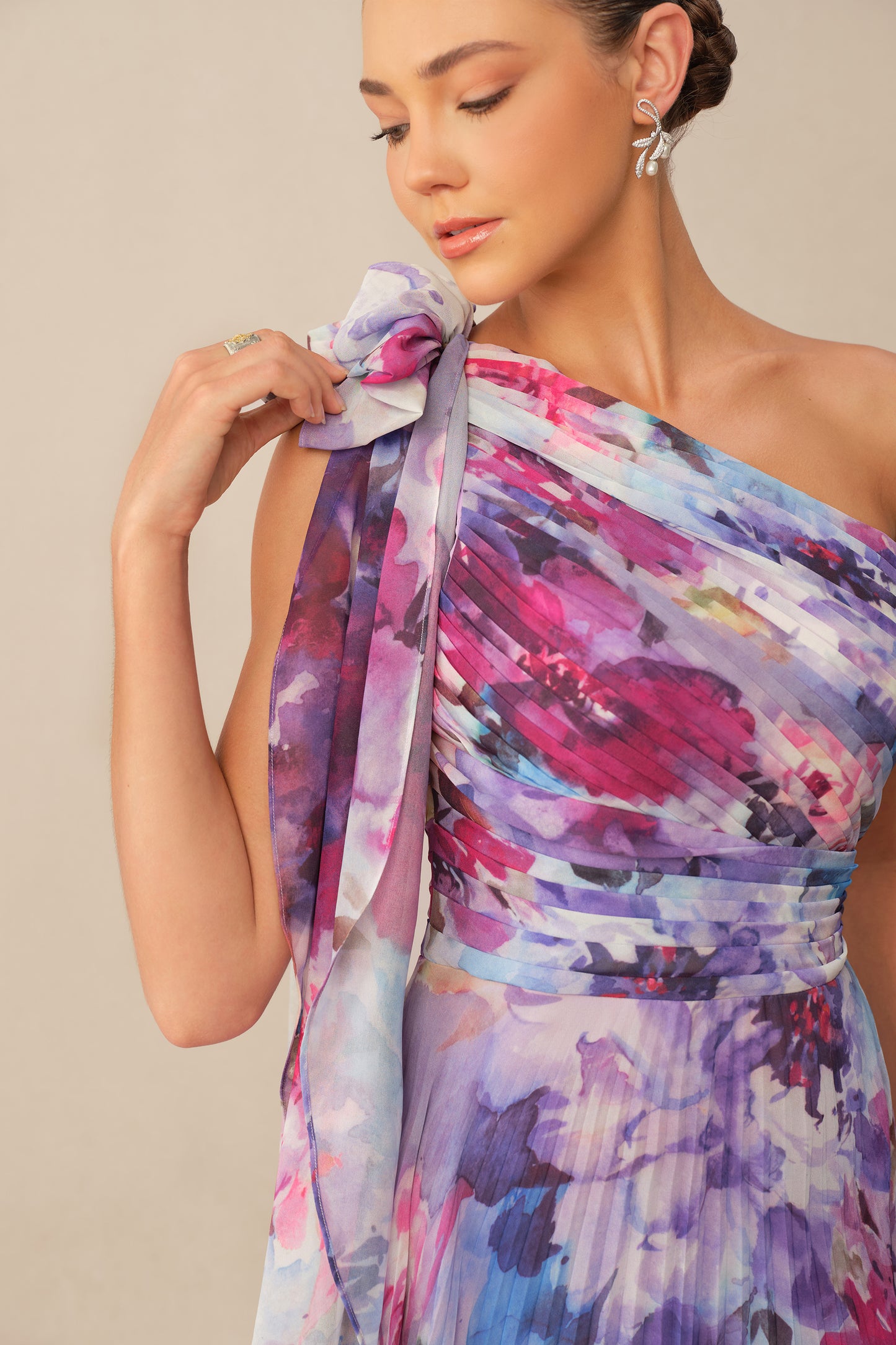 Purple Floral One-Shoulder Chiffon Maxi Dress - view 3