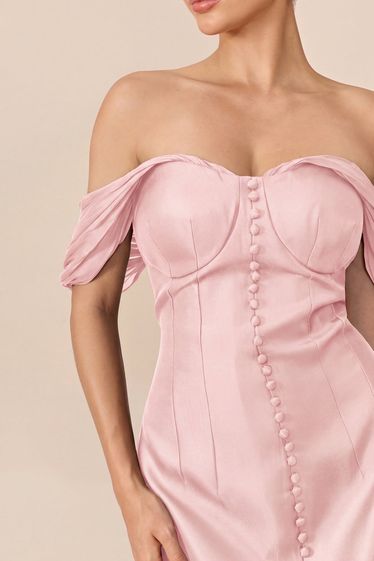 Pink satin off-shoulder corset mini dress - view 3