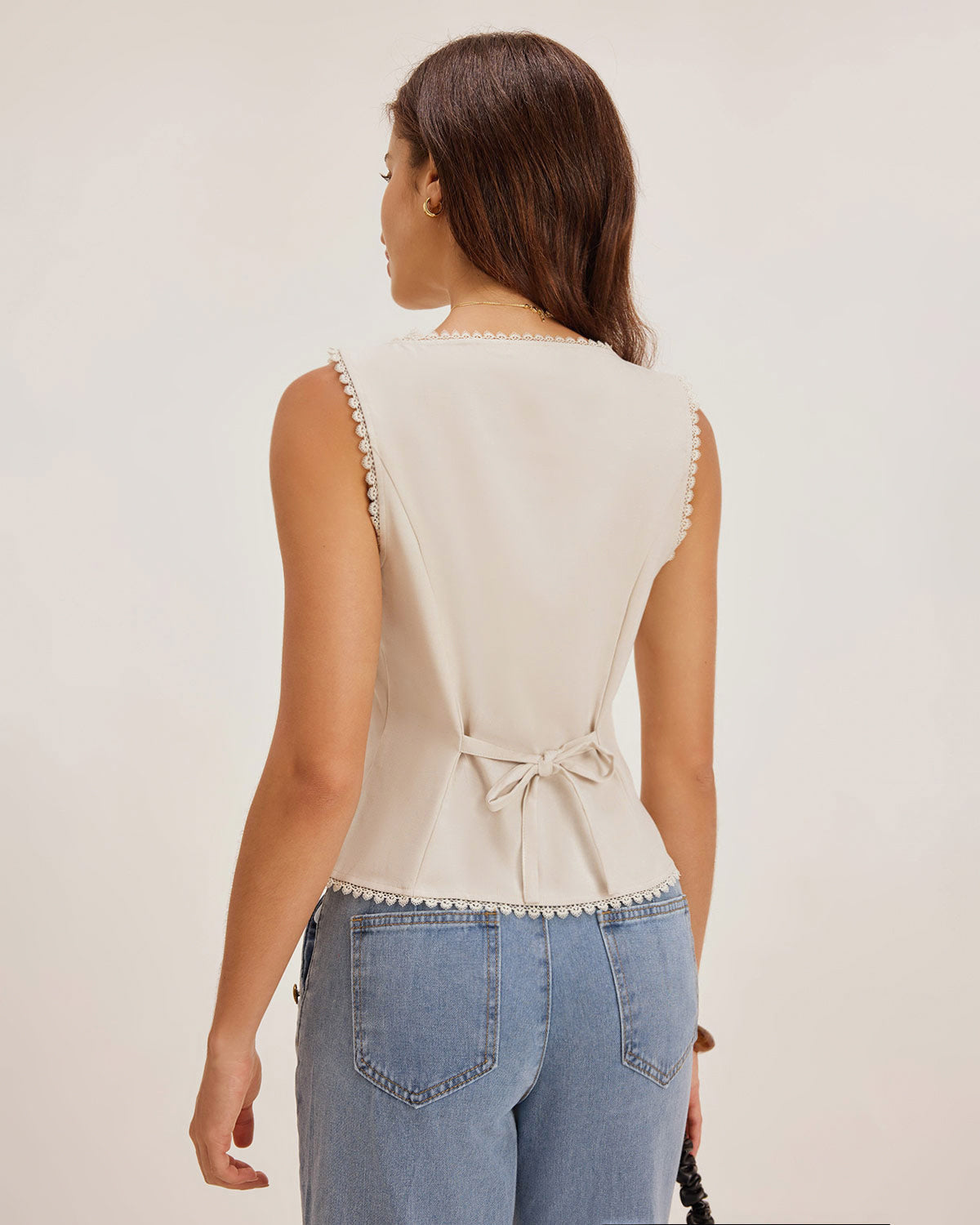 Apricot Boat Neck Button Vest with Tie Back - view 3