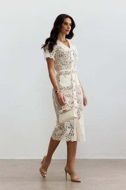 Beige Floral Lace Button-Up Midi Dress - view 5