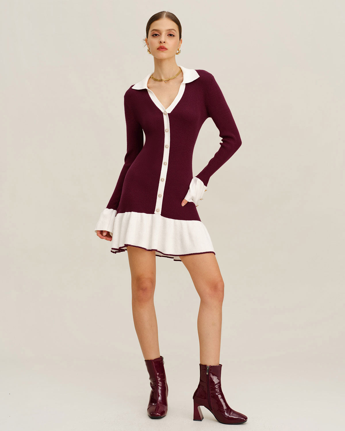 Wine red ribbed sweater dress with contrast trim - view 2