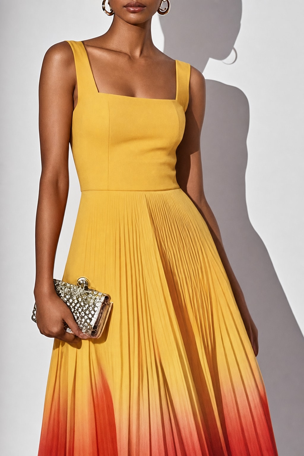 Pleated Ombre Square Neck Sleeveless A-Line Midi Dress - 5