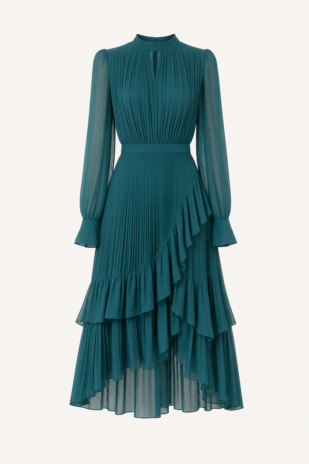 Long Sleeve Pleated Waist Midi Dress