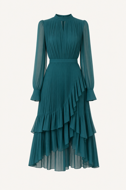 Long Sleeve Pleated Waist Midi Dress
