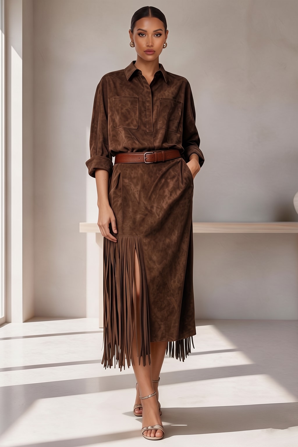 Faux Suede Midi Shirt Dress With Fringed Hem - 7