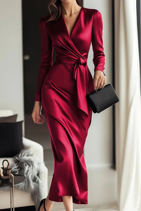 Satin V-neck tie-waist midi dress - view 3