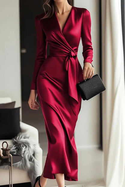 Satin V-neck tie-waist midi dress - view 3