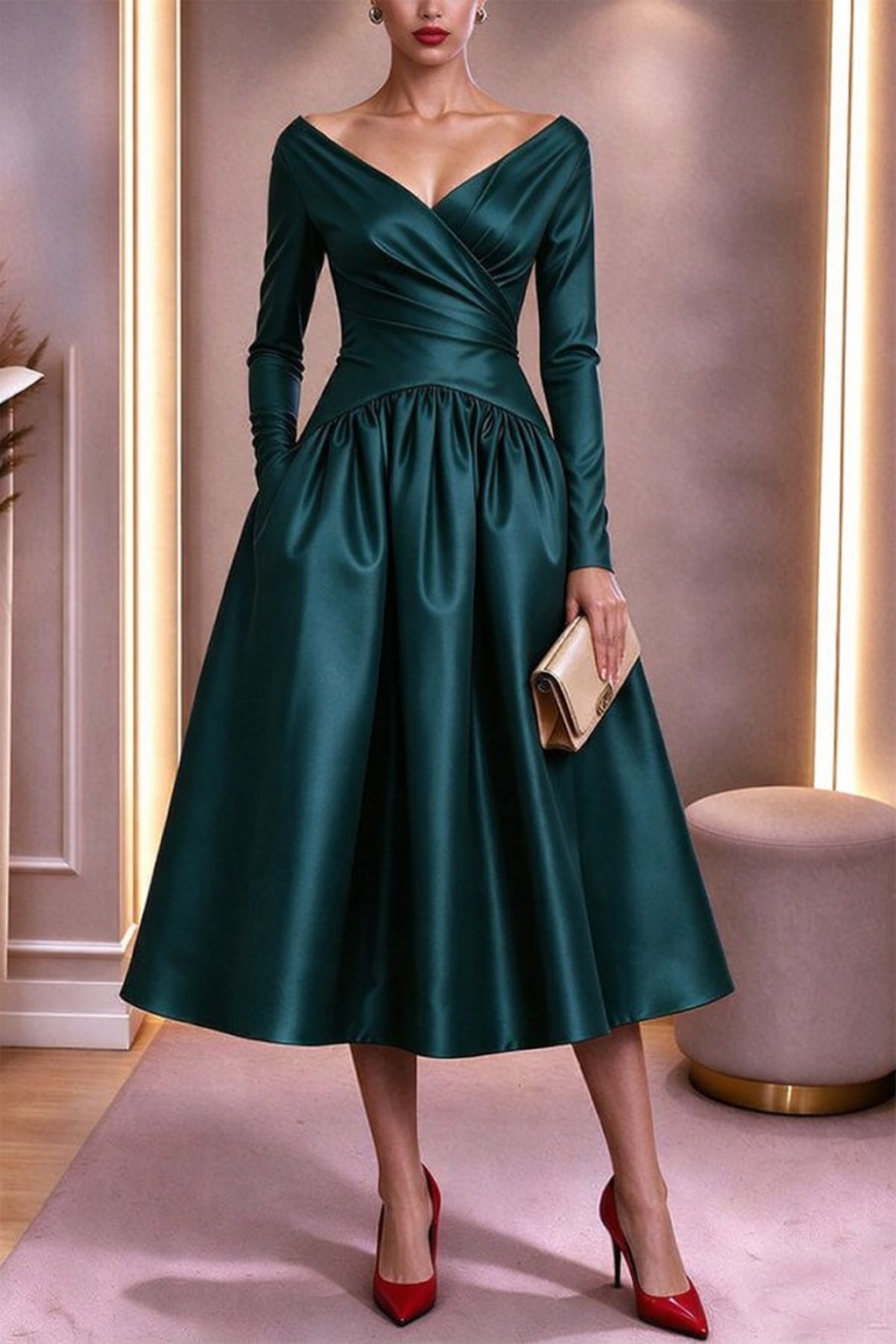 Satin Midi Dress With V-Neck And Flared Skirt - 4