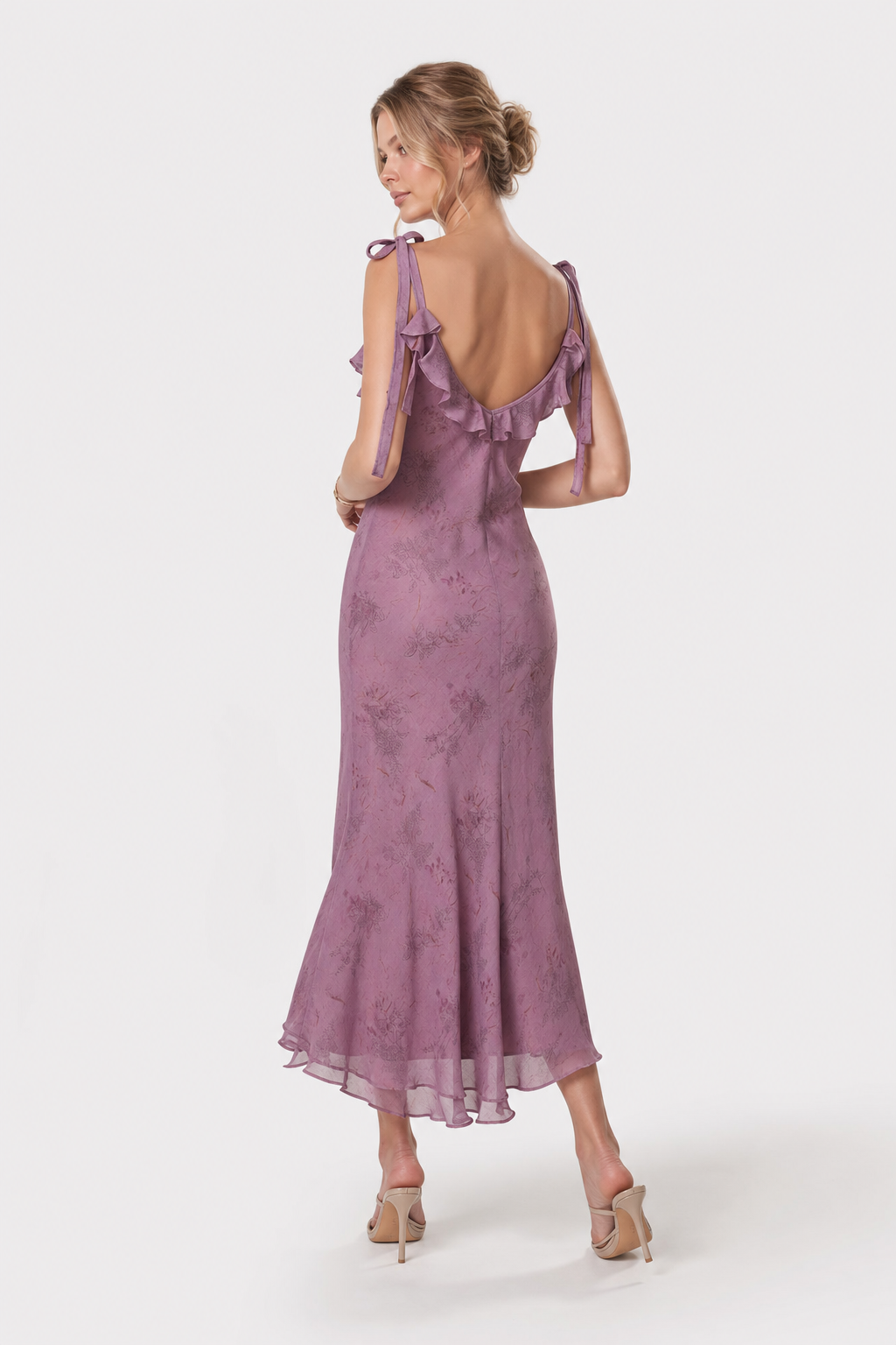 Purple Floral Tie-Strap Ruffle Midi Dress - view 4